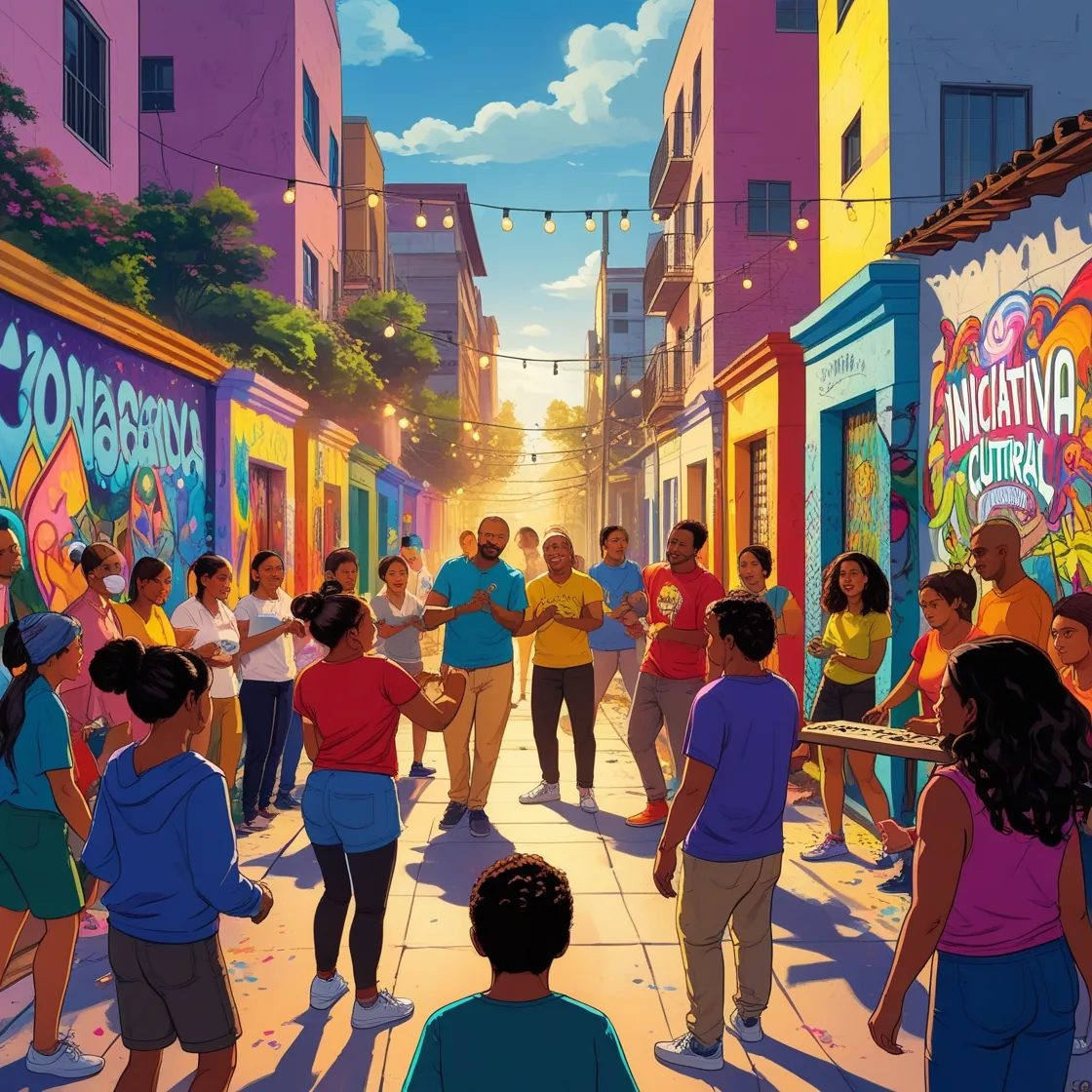 Ilustração de rua colorida cheia de pessoas em festa de bairro