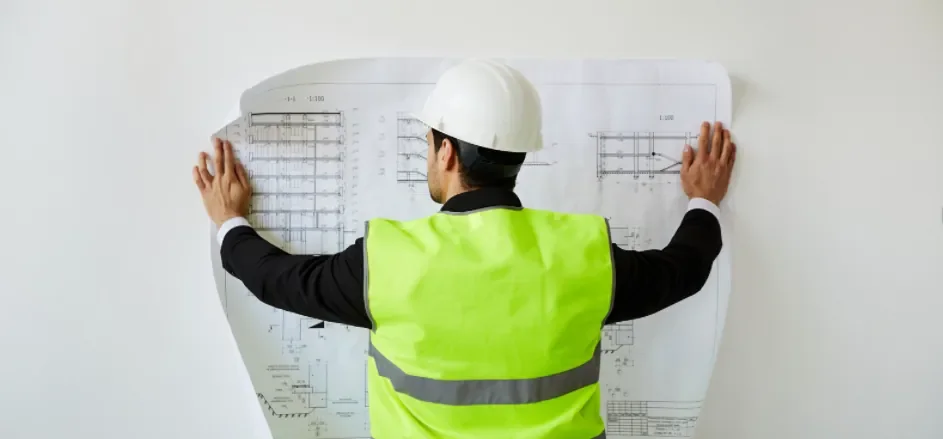 Trabalhador de capacete consultando planta de obra na parede