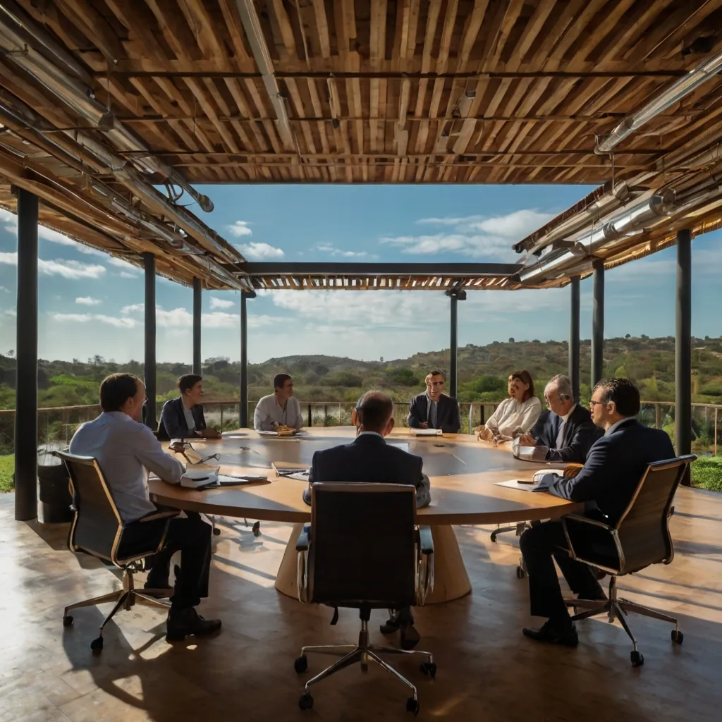 Mesa oval de reunião em ambiente com vista aberta